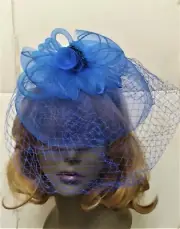 Royal Blue Flower Vail Derby Party Cocktail Headband Fascinator Feather Beads