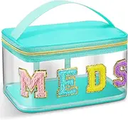 Geetery Chenille Letter Bag Nylon Makeup Portable Cases Preppy Patch Makeup Bag with Zipper Cosmetic Toiletry Storage case for Women, Green, Elegant Meds
