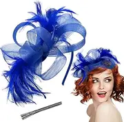 [Jaczora] Ladies Elegant Fascinator Hat, Feather Mesh Flower Veil Wedding Bridal Shower Flower Headband Party Hat AscotHair Fascinators for Tea Party,Weddings, Races, Royal Ascot, Hair Piece(Navy Blue)