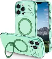 TNQBP Case for iPhone 12 Pro Max with Magnetic Stand, Luxury Plating Curly Wavy Frame and Cute Heart Pattern, Lens Edge Raised Protection, Slim Shockproof Soft Case for iPhone 12 Pro Max-Green