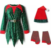 Kids Christmas Cosplay Costume Outfits Sequin Dress Leggings Cap Set,Green - 7-8 Years
