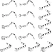 [L0famy] 16Pcs Nose Stud, Helix Piercing Jewellery, L Shape Nose Rings Studs, Hypoallergenic Surgical Steel Helix Hoop, for Women Men Corkscrew Nose Rings Nose Piercing Studs Screw, 0.8*7*1.5/2/2.5/3mm