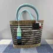 Haute Hippie Style Large Straw & Leather Bag Tote Wicker Woven Basket Beach