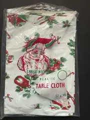 NEW VINTAGE Plastic CHRISTMAS Holiday TABLECLOTH NOS! Santa 52x90
