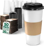 20 Oz Disposable Coffee Cups with Lids & Sleeves (50 Pack) - To Go Hot Cups