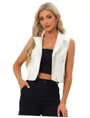 Women's Metallic Faux Leather Vest Lapel Collar Zip Halloween Large White-dots