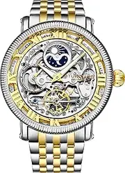 [Stührling] Original Mens Automatic Watch, Skeleton Watch Analog Dial, Silver Accents, Dual Time, AM/PM Sun Moon, Stainless Steel Bracelet, 3922 Watches for Men Collection