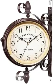 Double Sided Wall Clock 8-inch Vintage Wall Clock Wall-Mounted 360° Rotation Retro Train Station Clock Wrought Iron Clock for Indoor Patio Garden