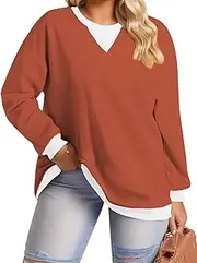 [DOLNINE] Plus-Size-Sweatshirts for Women Oversized Long Sleeve Tops Casual Crewneck Colorblock Pullover Tunic Shirts