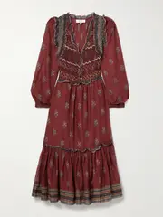 [Sea] Sea - Sierra Smocked Ruffled Printed Cotton-voile Midi Dress - Red - medium medium Red