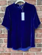 NWT Eileen Fisher Royal Blue Silk Rayon Velvet Silk Short SleeveTop $258 PL