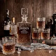 Engraved Carving Old Fashion Whiskey Decanter Set & 4 Glasses