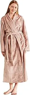 [Serenhom] Women’s Plush Fleece Bathrobe – Fluffy Stripe Shaggy Design, Warm and Soft Flannel Long Robe for Spa and Relaxation
