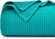 PHF 100% Cotton Waffle Weave Blanket Double Size 150 x 200cm, Pre-Washed Lightweight Breathable Throw Blanket for Summer, Oeko-TEX Certified for Bed Sofa, Home Decor, Green
