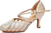 [Minishion] Women's Latin Salsa Round Toe Crystals Glitter Social Dance Shoes Weddinb Prom Pumps L403