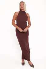 [PUP100] Halley Knit Halter Skirt Set - Brown XS Brown