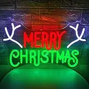SIGNSHIP Merry Christmas Neon Signs Red&Green Letters Merry Christmas and Antler Neon Light with Switch Novelty Lighting for Wall Decor Christmas Party Kids Room New Year