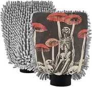 XYMZR Skeleton Red Mushroom Black Absorbent Microfiber Car Wash Mitt, Funny Cute Anime Scratch Free for Cars Cleaning, Home Cleaning Mitts, 2 Pack, 10.24” L x 7.09” W