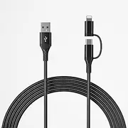 MFi Certified USB to USB C and Lightning Cable 2-in-1 2M Nylon Braided Charging Cable with 3A Fast Charge & Apple CarPlay & Android Auto Sync for iPhone 16/15/14/13, Samsung, Pixel