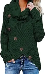 [TEMOFON] Women's Turtle Cowl Neck Sweater Long Sleeve Casual Button Asymmetric Hem Wrap Pullover Sweaters Tops S-2XL