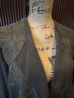 Johnny Was Antonio Olive Green Embroidered Suede Duster Coat Size M Retail $698