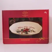 LENOX Winter Greetings Cardinal "Bless This Home" Tray Gold Trim Mistletoe NIB