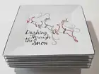 Eat Drink & Be Merry St. Nicholas Square Set SIX Dinner Plates Dashing Reindeer