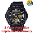 CASIO MEN WORLD TIME ALARM WATCH AEQ-120W-9A 10Y BATTERY BLACK GOLD 2Y WARRANTY
