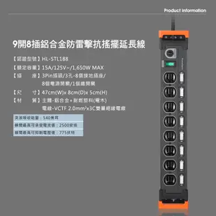 PowerSync群加 1開8插/9開8插鋁合金防雷擊抗搖擺延長線1.8M/2色