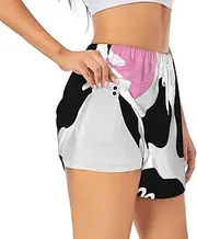 [WURTON] Black White Milk Cow Print Exercise Gym Workout Shorts Women's Athletic Shorts Dual-Layered Yoga Running Shorts