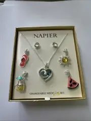 NAPIER Silver Tone Beach Charms Necklace & Stud Earring Set Interchangeable NEW