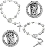 4 Pcs Saint Benedict Silver Car Rosary Rearview Mirror Auto Rosary Hanging Personalized with Car Silver Saint Christopher Visor Clip Religious Car Medals, Car Mirror Hanging Accessories for Truck Bike