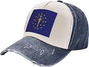 [YANYU] Indiana State Flag Print Fashion Washed Distressed Baseball Cap Vintage Adjustable Hat with Classic Brim, Navy Blue, One Size