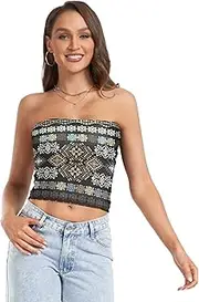 [GuoChe] Women's Strapless Crop Tops Ethnic Ethno Boho Retro Black with Mesh Strapless Crop Top Shirt Crop for Teen Nursing