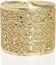 YASEO Sparkling Glitter Mesh Ribbon, Gold/Silver Christmas Wired Edge Ribbon for Home Decor and Xmas Tree, 2.5 Inches x 10 Yards (Gold)