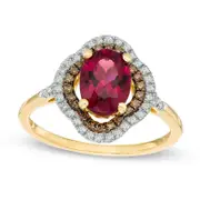 Oval Rubellite Tourmaline and 0.33 CT. T.W. Champagne and White Natural Diamond Double Frame Ring in Solid 14K Gold