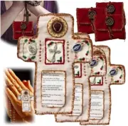 The interior contains a pocket shrine with a silver cros,a handmade prayer quilt