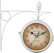 Wall Clock Retro Metal Double Sided Wall Clock, Garden Iron Metal Silent Grand Train Station Clock, Retro Mute Double Sided Wall Clock Home Decoration,White