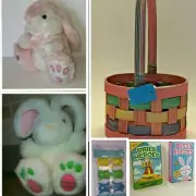 LOT of Cuddle 2 BUNNIES RABBIT Plush Stuffed Animal Toy & rabbit Cards Basket