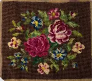 Completed Needlepoint Tapestry Canvas Vintage Rose Floral Bouquet on Brown