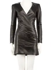 Black Leather Buttoned Cuff Mini Dress