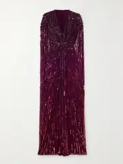 [Jenny Packham] Jenny Packham - Lotus Cape-effect Embellished Sequined Tulle Gown - Burgundy - UK 12 UK 12 Burgundy
