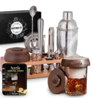 Bartender Kit with Whiskey Smoker 12 pcs Bamboo Stand Bar Set Silver Steel Color