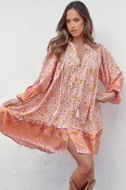 JAASE - Semika Mini Dress: Mandarin Collar Button Through Smock Dress in Amor Print
