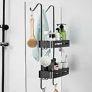 TZAONEN Shower Caddy Over The Door, Shower Hanging Organizer, No Drilling Over The Door Shower Storage Caddy with 2-Tier Rack and Hooks, Holds Body Wash, Shampoo, Soap, Razor, Towel
