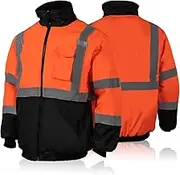 FONIRRA Hi-Viz Safety Jacket for Men with Reflective Liner,Waterproof 100% Polyester ANSI Class 3 Full Zipper Bomber Work Jacket Hoodie（Orange,4XL）