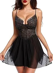 [ADSEXY] Women Sexy Lingerie Lace Babydoll Modal Chemise Nightgown Deep V Side Slit Sleepwear