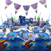 Spiderman Theme Birthday Party Supplies Tablecloth Paper Plate Pull Flag Party Atmosphere Decoration Set Fork*10pcs