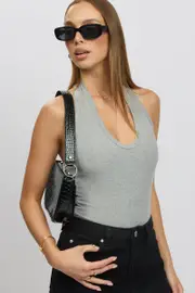 Grey Halter Bodysuit Rib - Size 16XL, Women's Bodysuit