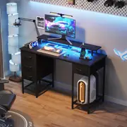 Advwin Gaming Desk w/ RGB LED Lights & Power Outlets 120cm Computer Desk w/ Drawers & Monitor Stand Black